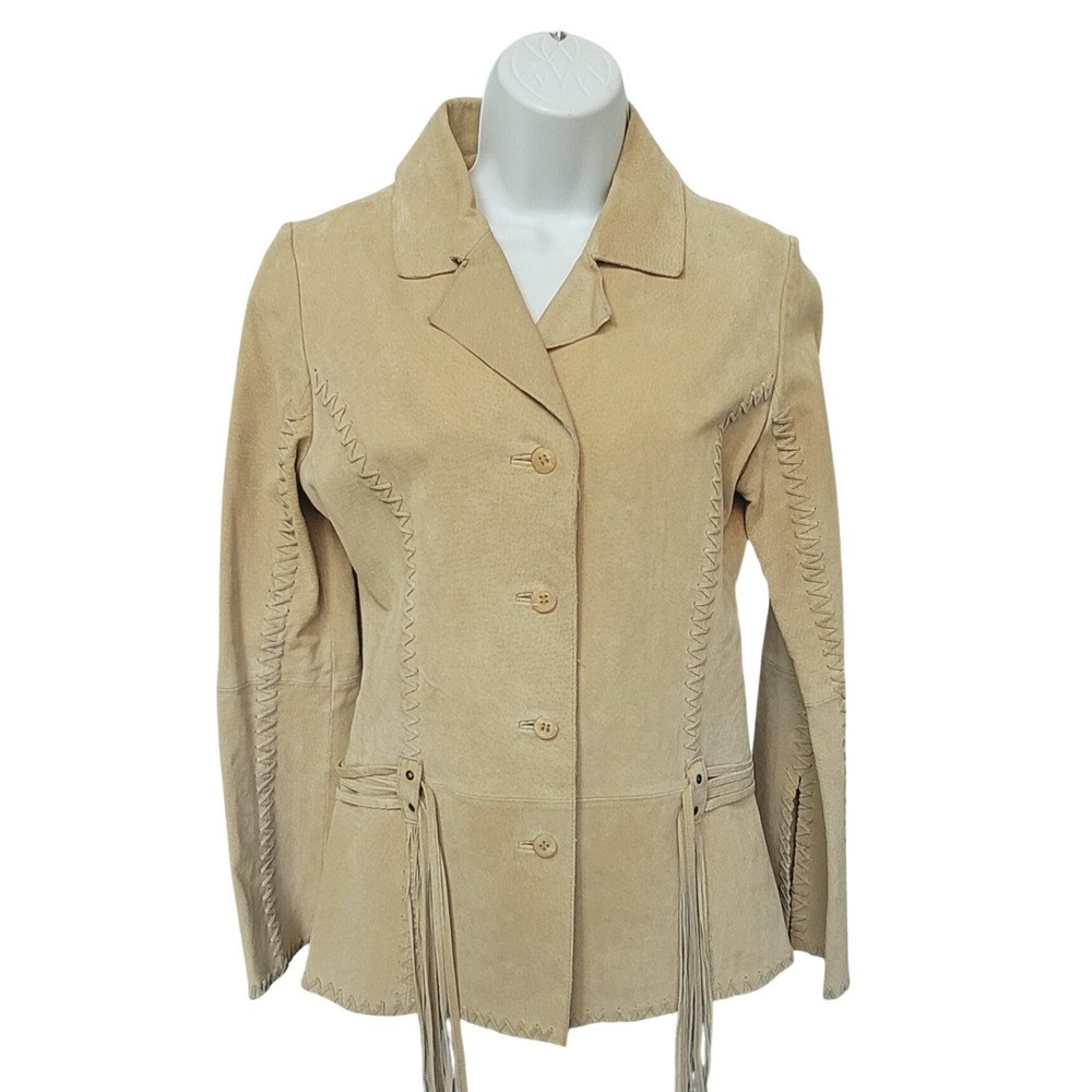 Wet Seal Jacket Women M Western Boho Tan Suede Fringe Whipstitch Y2K Festival